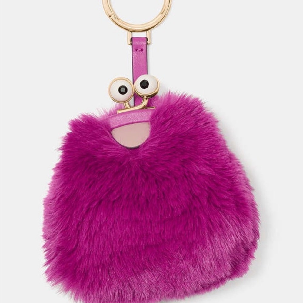 kate spade Fuchsia Faux Fur Pom Pom Key & Card Holder with Gold Hardware